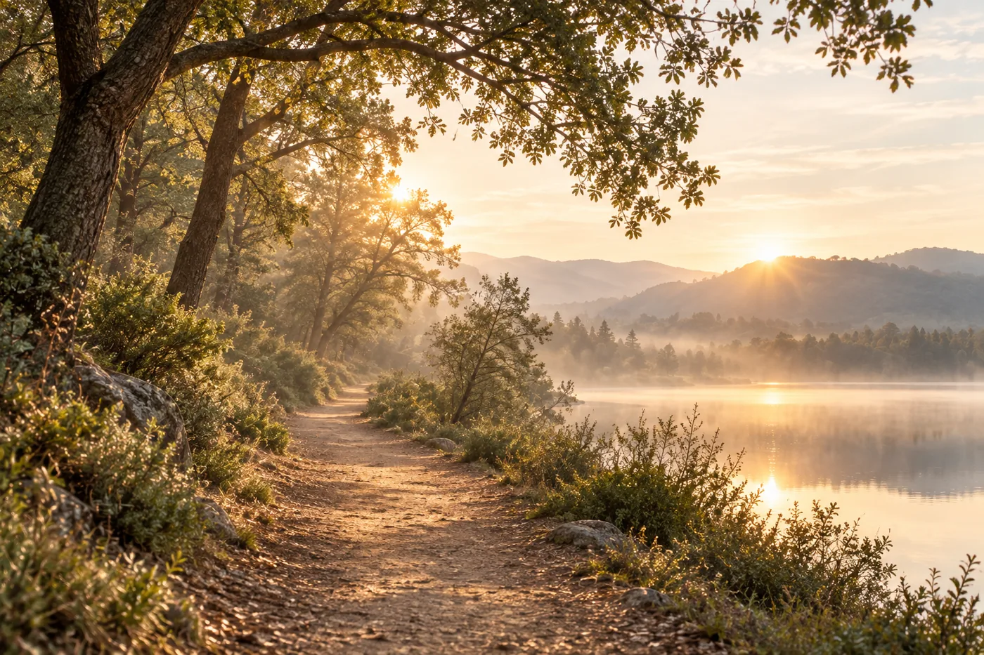 Camino tranquilo entre árboles hacia la luz de la mañana