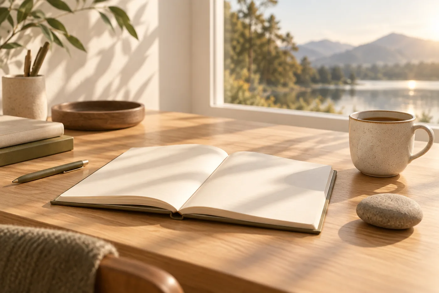 Cuaderno abierto sobre un escritorio sereno