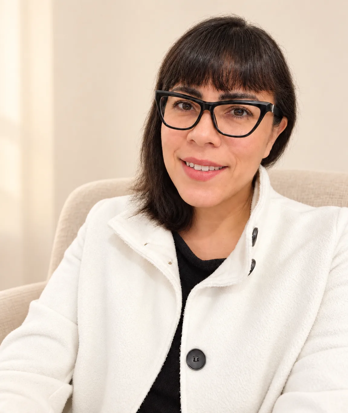 Samantha Urzua y Madrid, sonriendo con lentes negros y abrigo blanco
